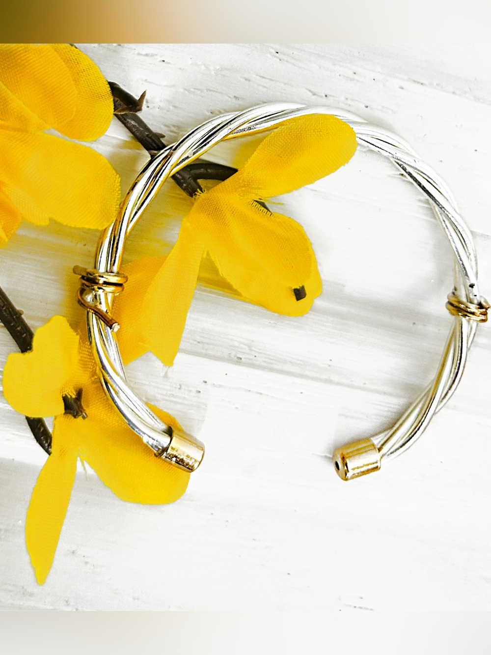 Elegant Two-Tone Twisted Cable Cuff Bracelet - Silver and Gold - Picture 4 of 11